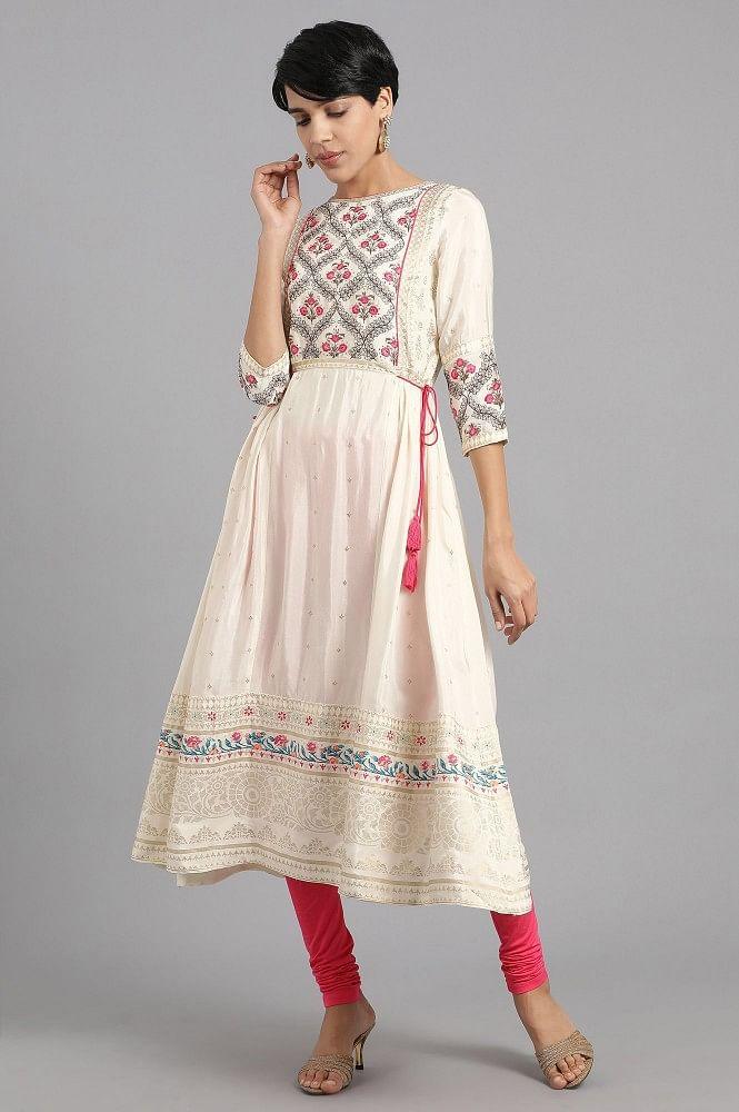 Ecru Round Neck Printed kurta - wforwoman