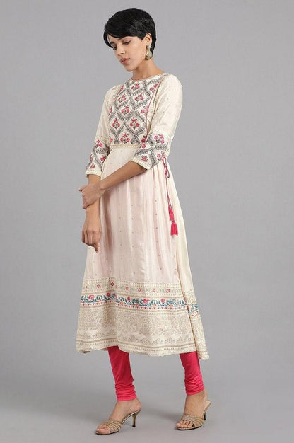 Ecru Round Neck Printed kurta - wforwoman