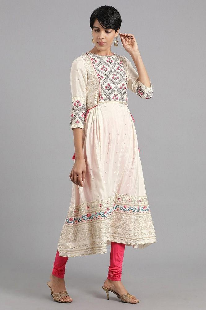 Ecru Round Neck Printed kurta - wforwoman