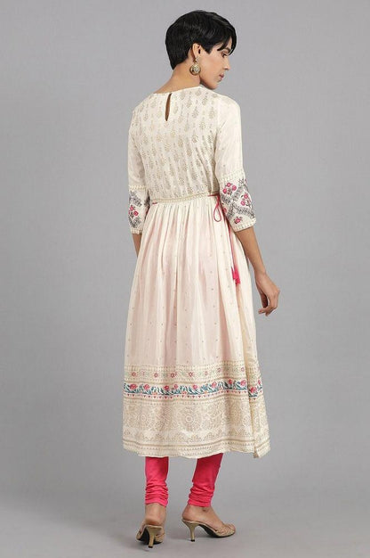 Ecru Round Neck Printed kurta - wforwoman