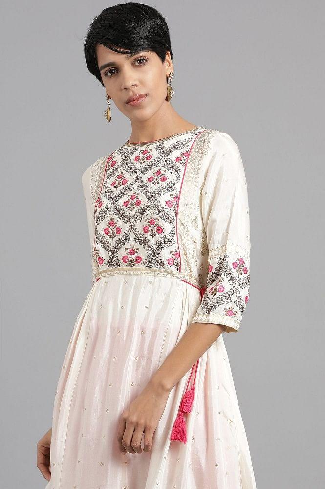 Ecru Round Neck Printed kurta - wforwoman