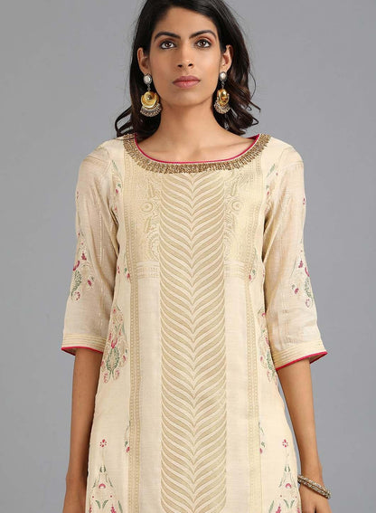 Off-White Boat Neck Yarn-Dyed kurta - wforwoman