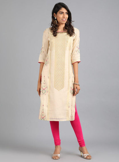 Off-White Boat Neck Yarn-Dyed kurta - wforwoman