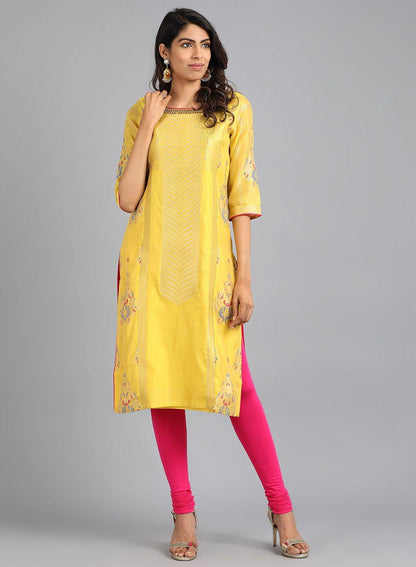 Yellow Boat Neck Yarn-Dyed kurta - wforwoman