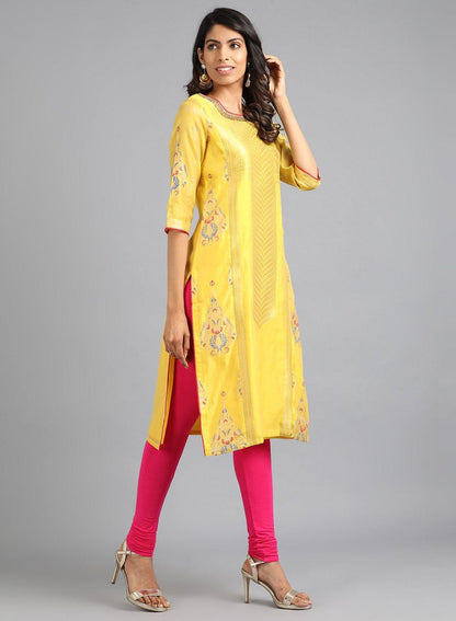 Yellow Boat Neck Yarn-Dyed kurta - wforwoman