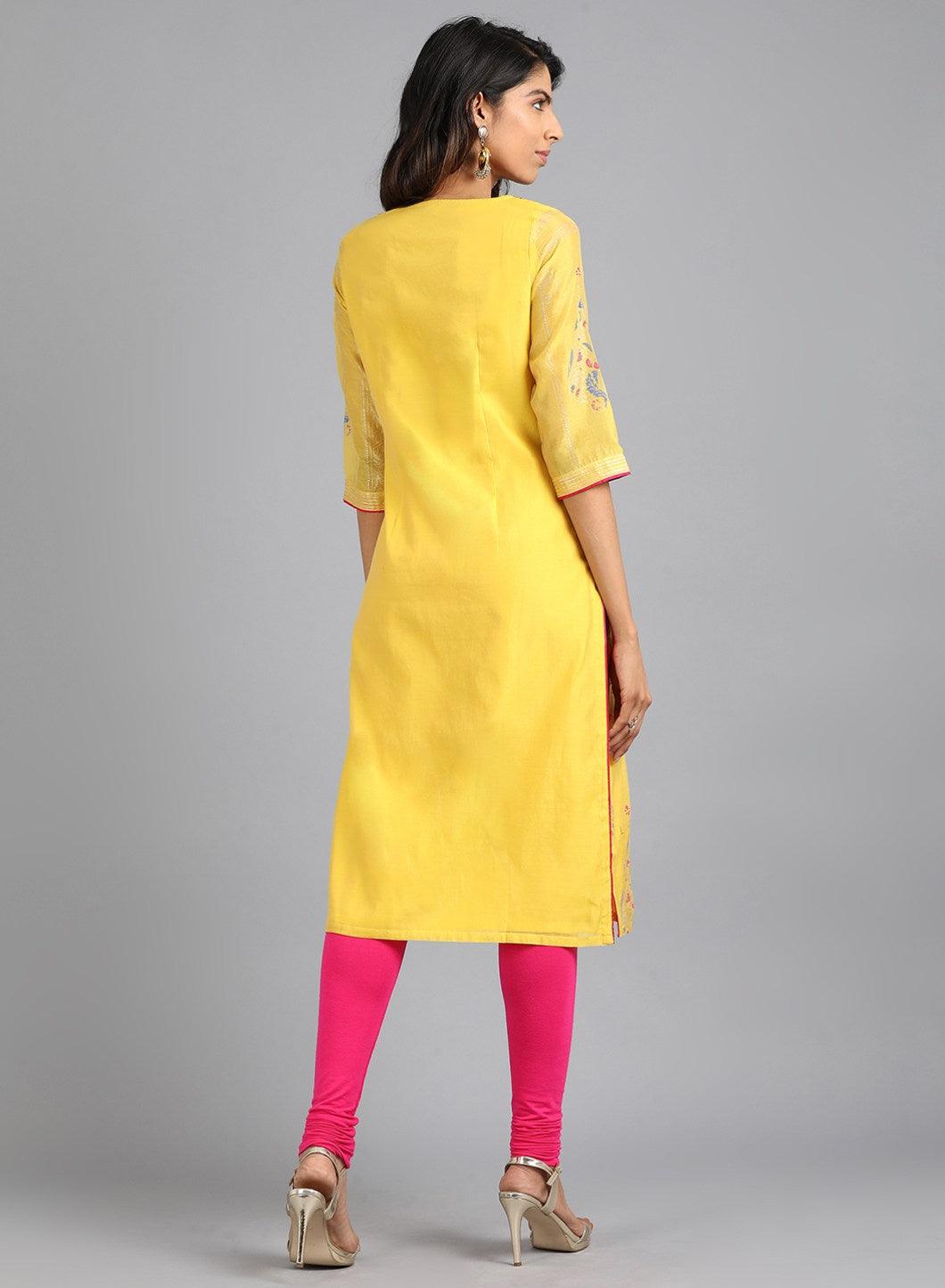 Yellow Boat Neck Yarn-Dyed kurta - wforwoman