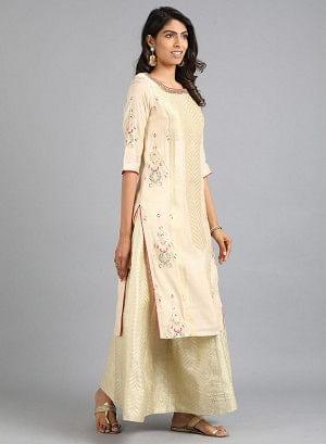 Off-White Boat Neck Yarn-Dyed kurta - wforwoman