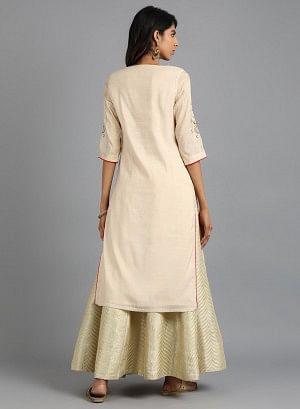 Off-White Boat Neck Yarn-Dyed kurta - wforwoman