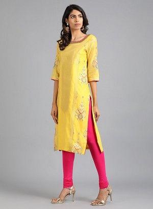 Yellow Boat Neck Yarn-Dyed kurta - wforwoman