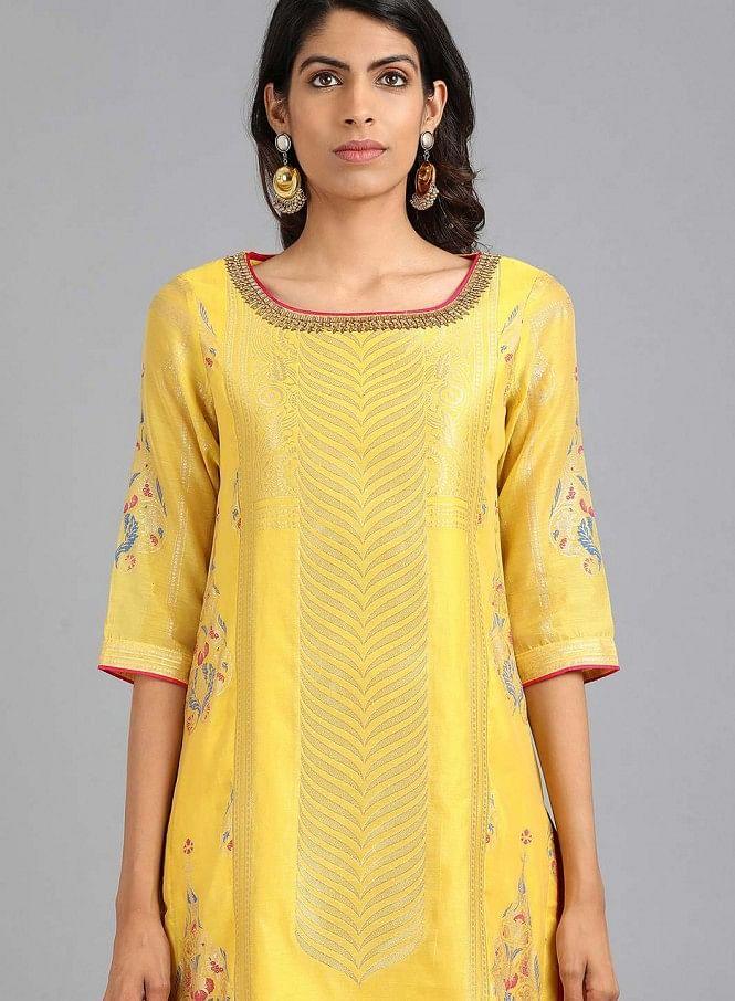 Yellow Boat Neck Yarn-Dyed kurta - wforwoman