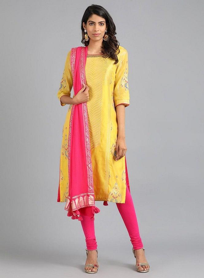 Yellow Boat Neck Yarn-Dyed kurta - wforwoman