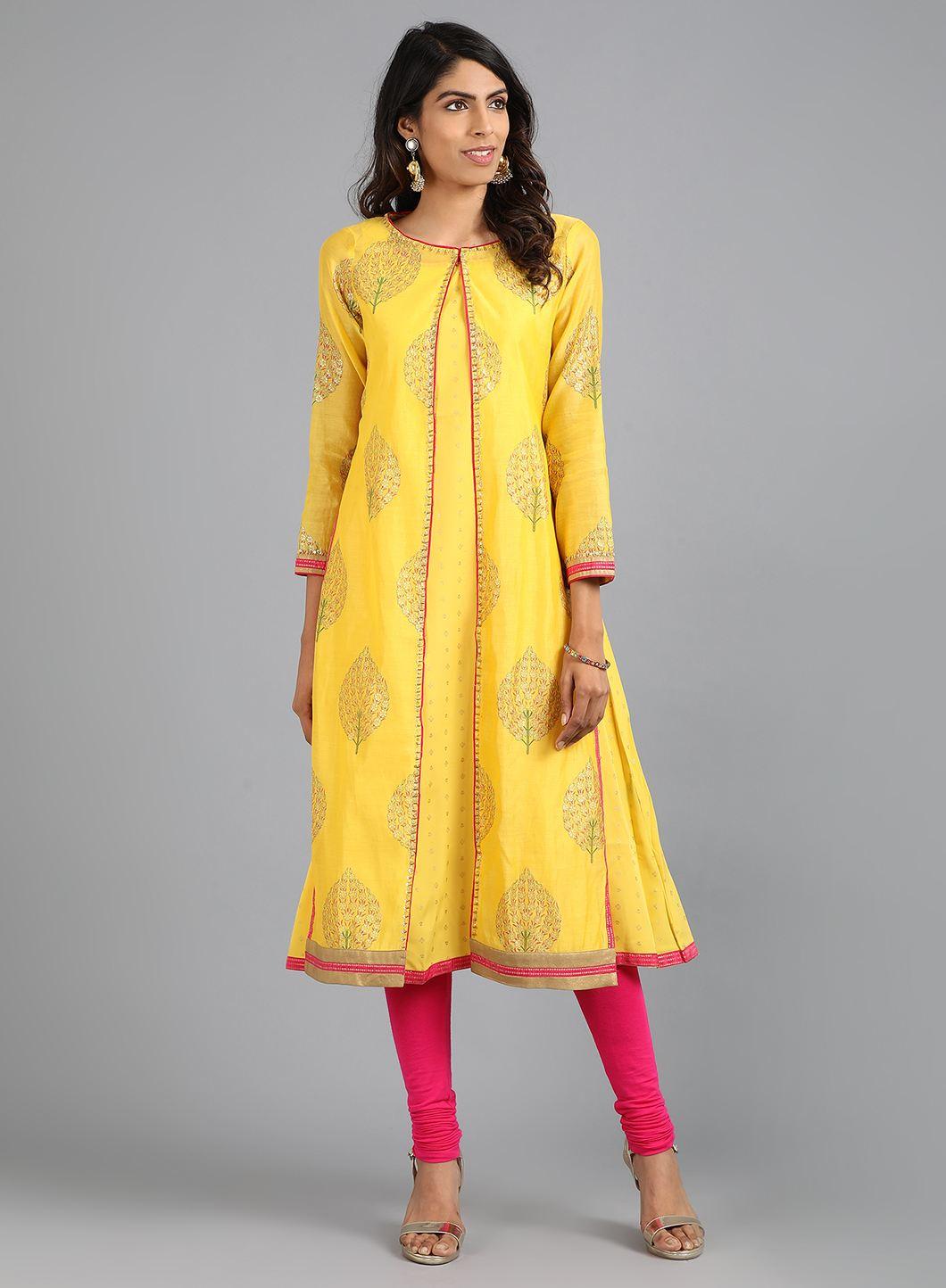 Yellow Round Neck Printed kurta - wforwoman