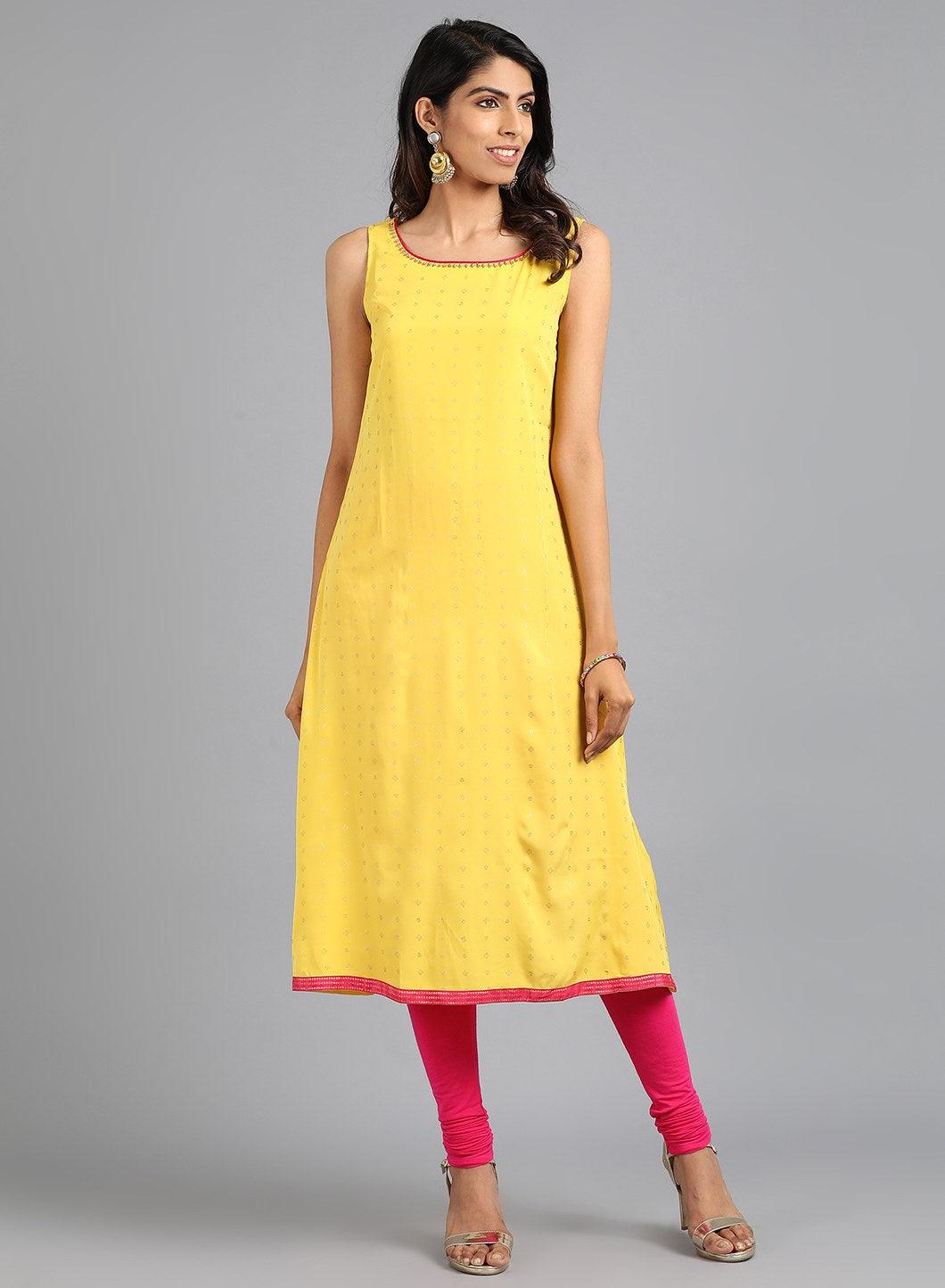 Yellow Round Neck Printed kurta - wforwoman