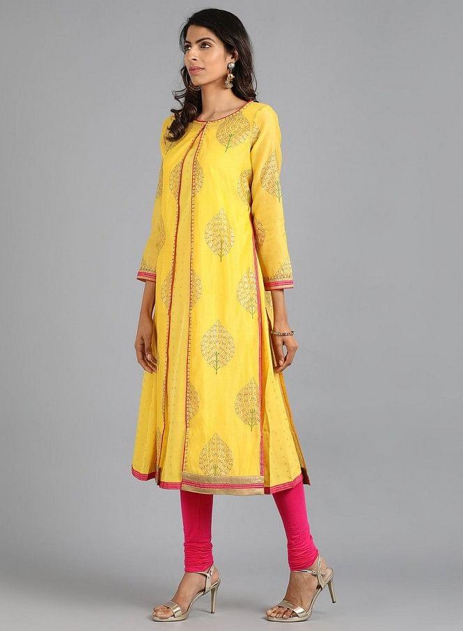 Yellow Round Neck Printed kurta - wforwoman