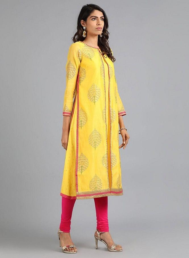 Yellow Round Neck Printed kurta - wforwoman