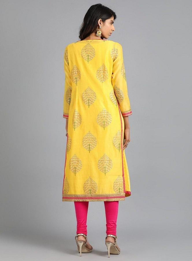 Yellow Round Neck Printed kurta - wforwoman