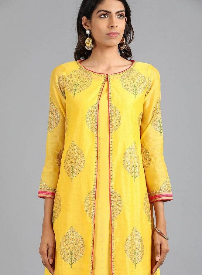 Yellow Round Neck Printed kurta - wforwoman