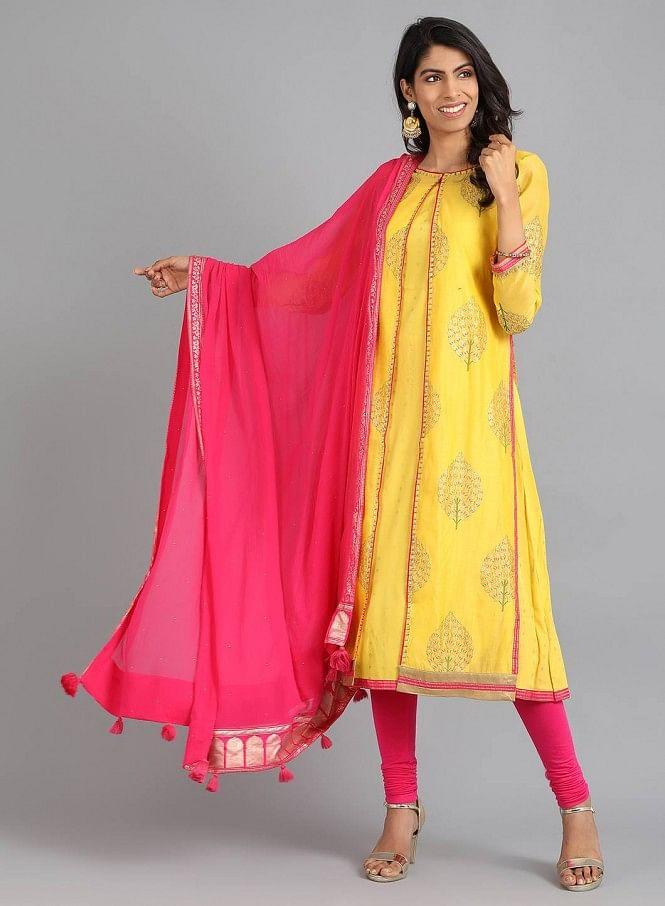 Yellow Round Neck Printed kurta - wforwoman