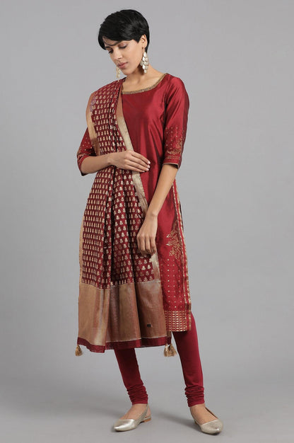 Maroon Round Neck Yarn-dyed kurta - wforwoman