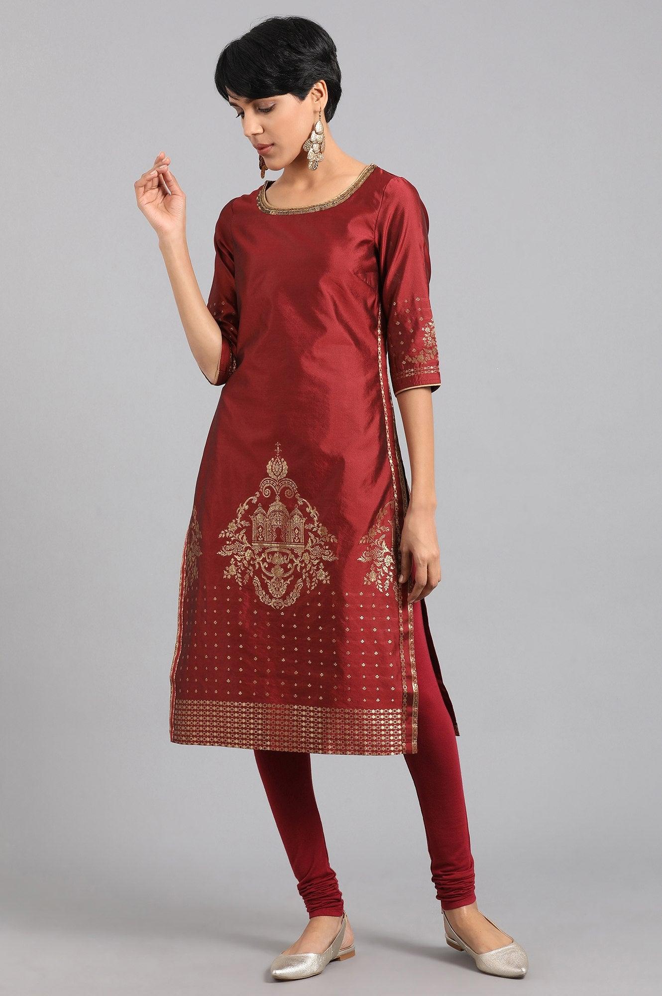 Maroon Round Neck Yarn-dyed kurta - wforwoman