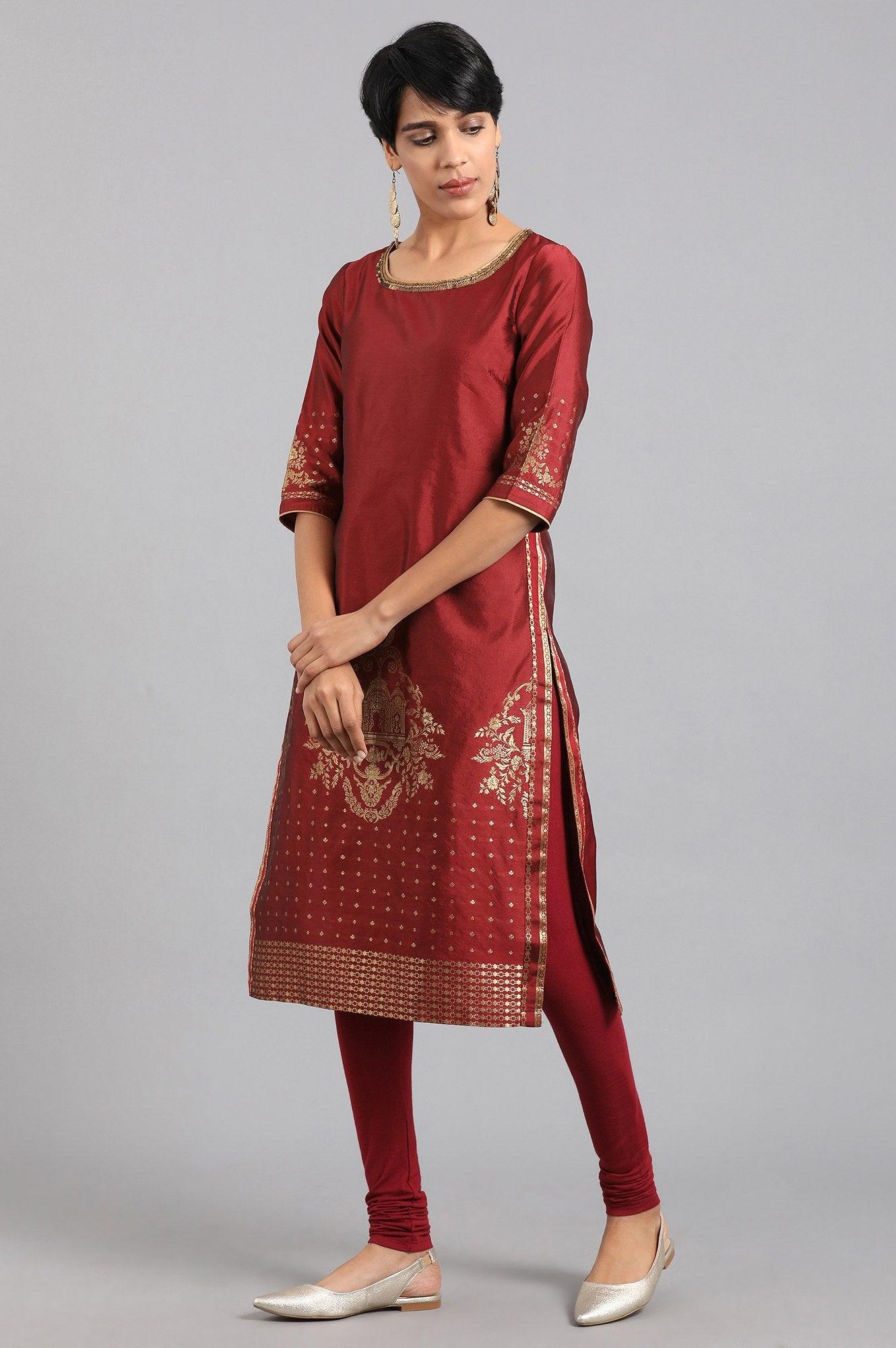 Maroon Round Neck Yarn-dyed kurta - wforwoman