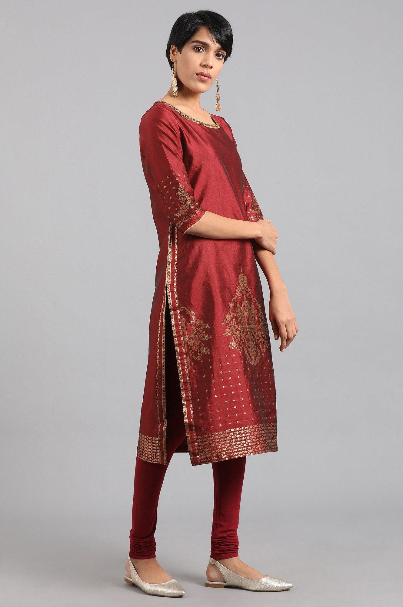 Maroon Round Neck Yarn-dyed kurta - wforwoman