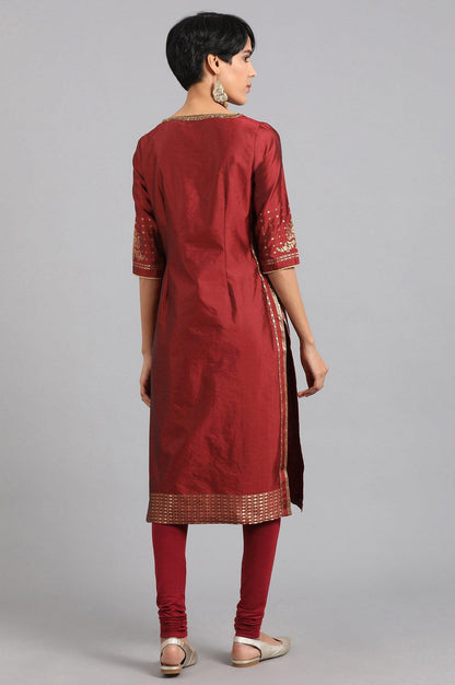 Maroon Round Neck Yarn-dyed kurta - wforwoman