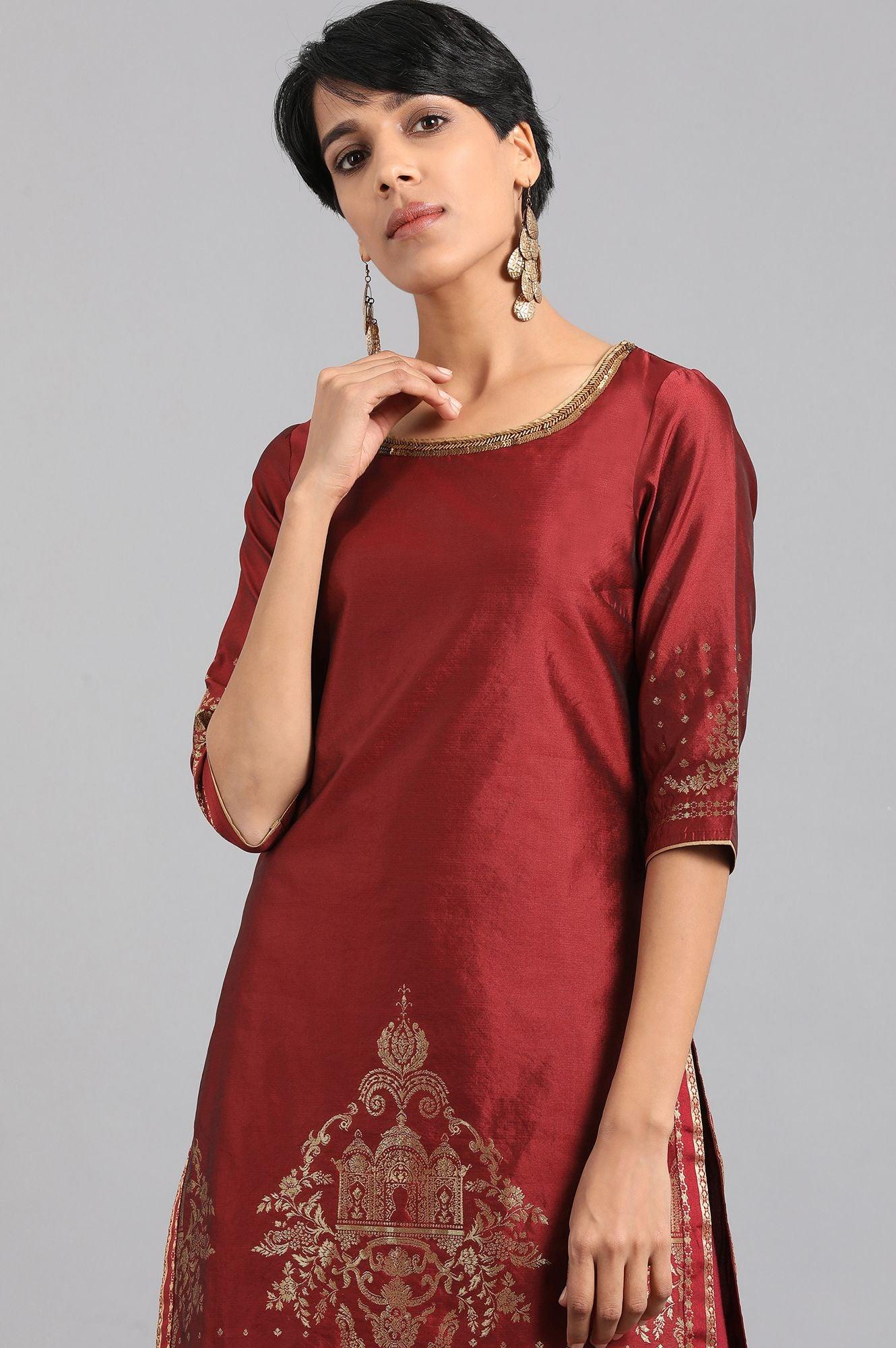 Maroon Round Neck Yarn-dyed kurta - wforwoman