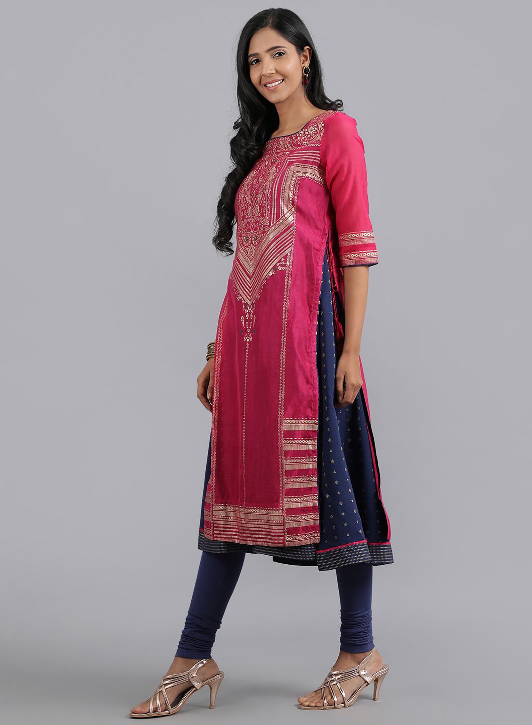 Pink Round Neck Layered kurta