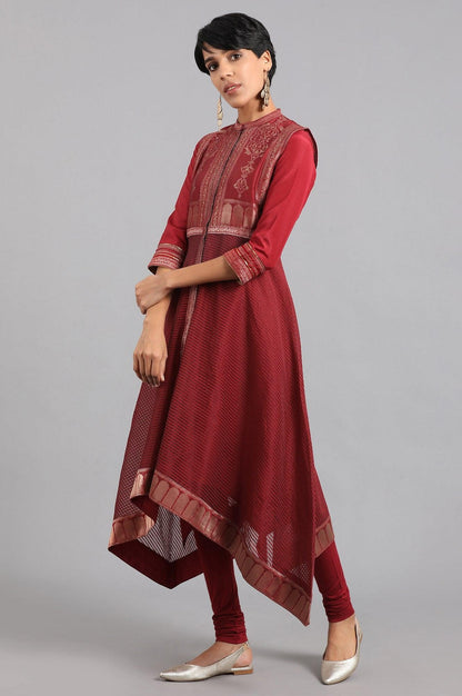 Maroon Mandarin Collar Yarn-dyed kurta - wforwoman