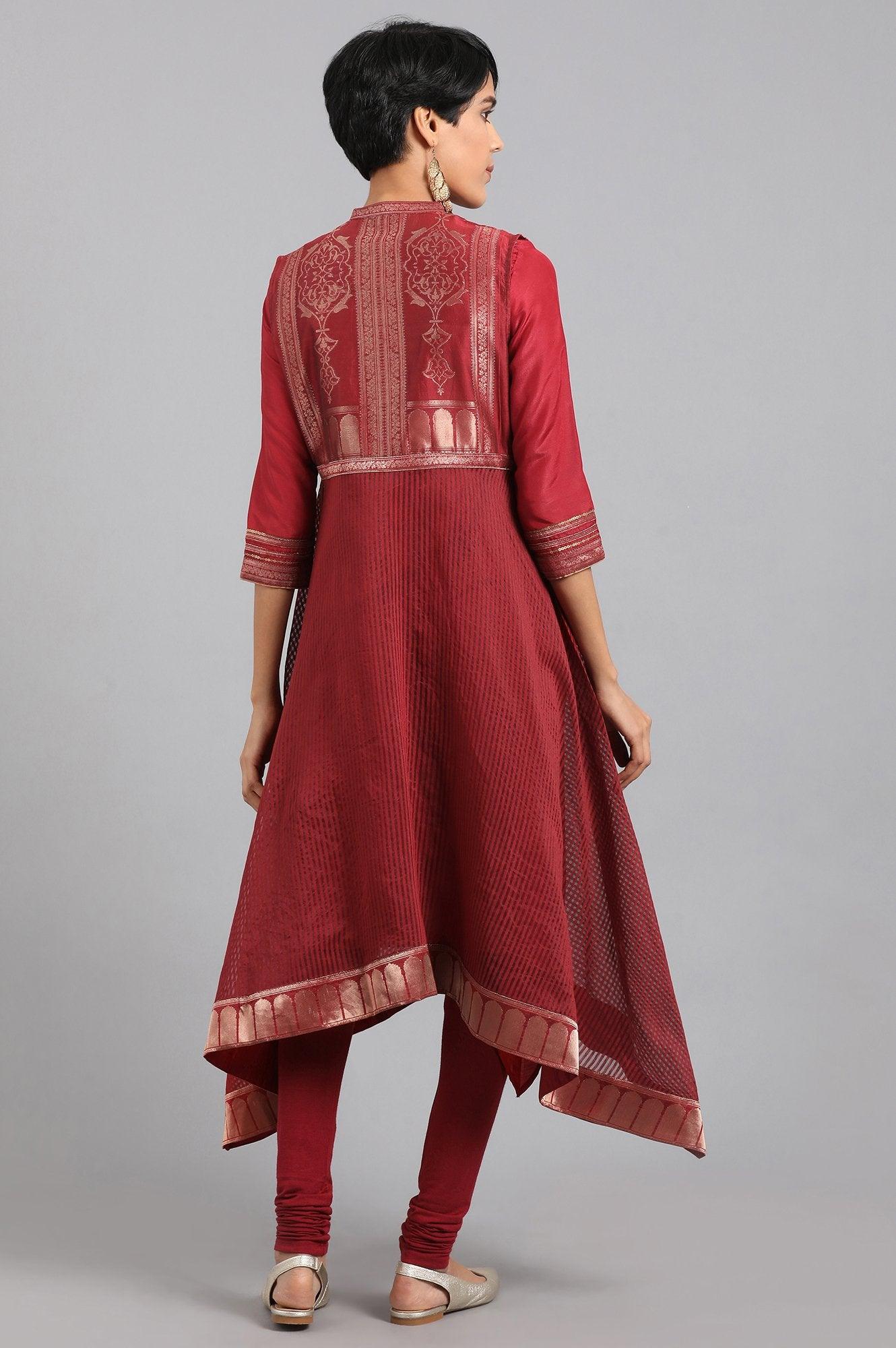 Maroon Mandarin Collar Yarn-dyed kurta - wforwoman