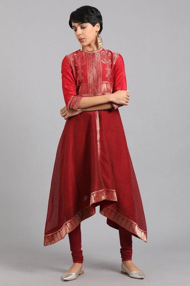 Maroon Mandarin Collar Yarn-dyed kurta - wforwoman