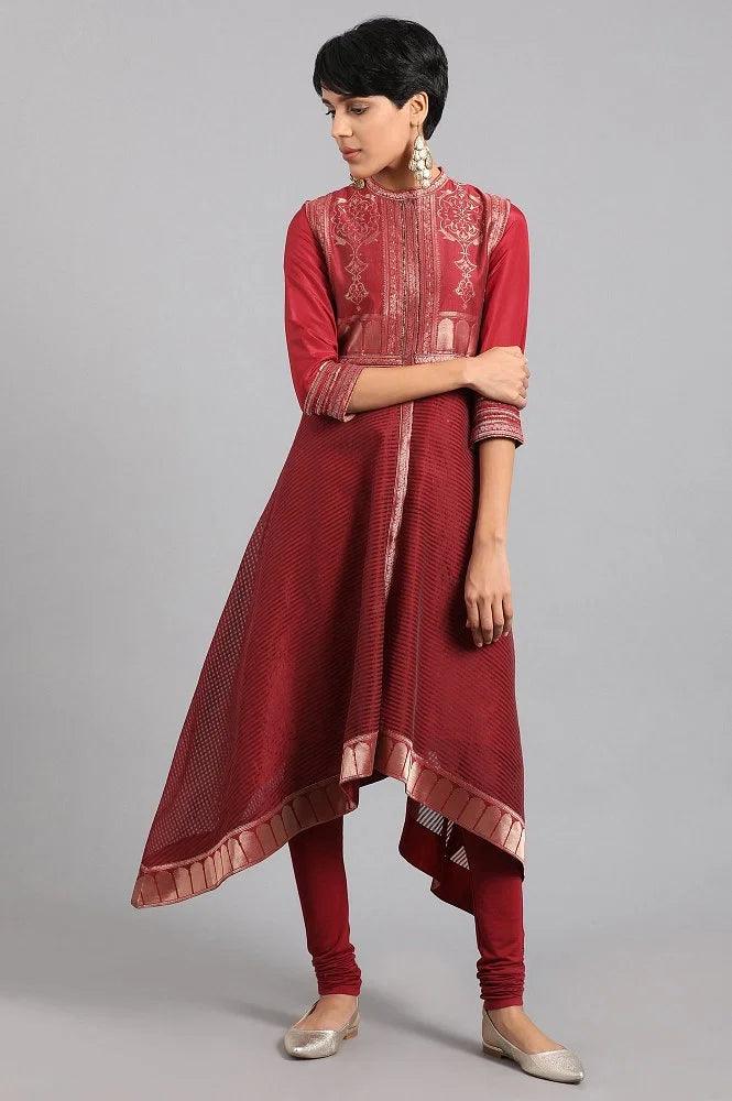 Maroon Mandarin Collar Yarn-dyed kurta - wforwoman