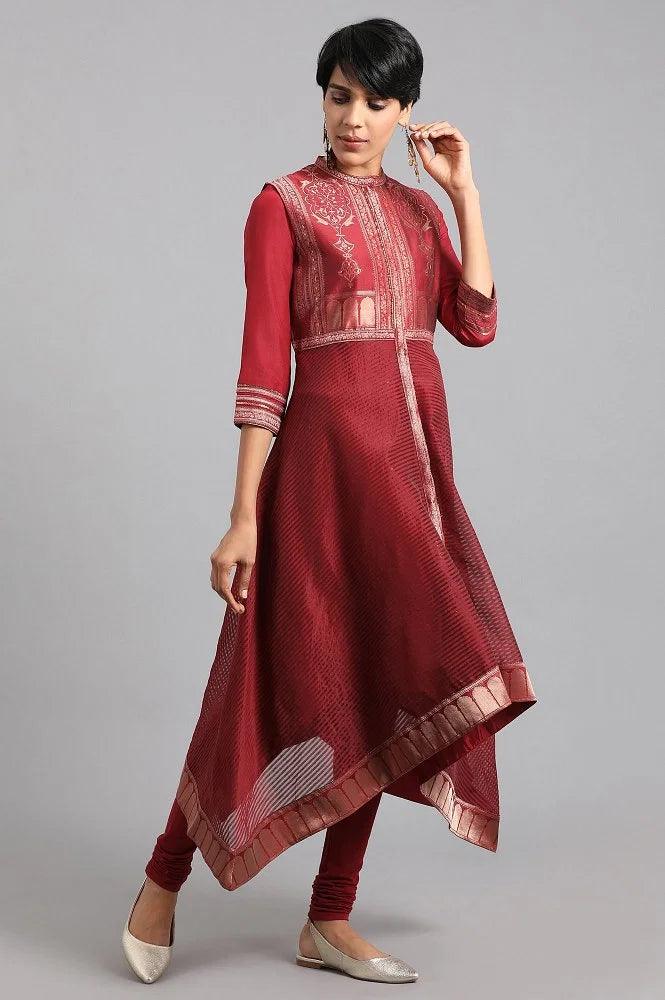 Maroon Mandarin Collar Yarn-dyed kurta - wforwoman