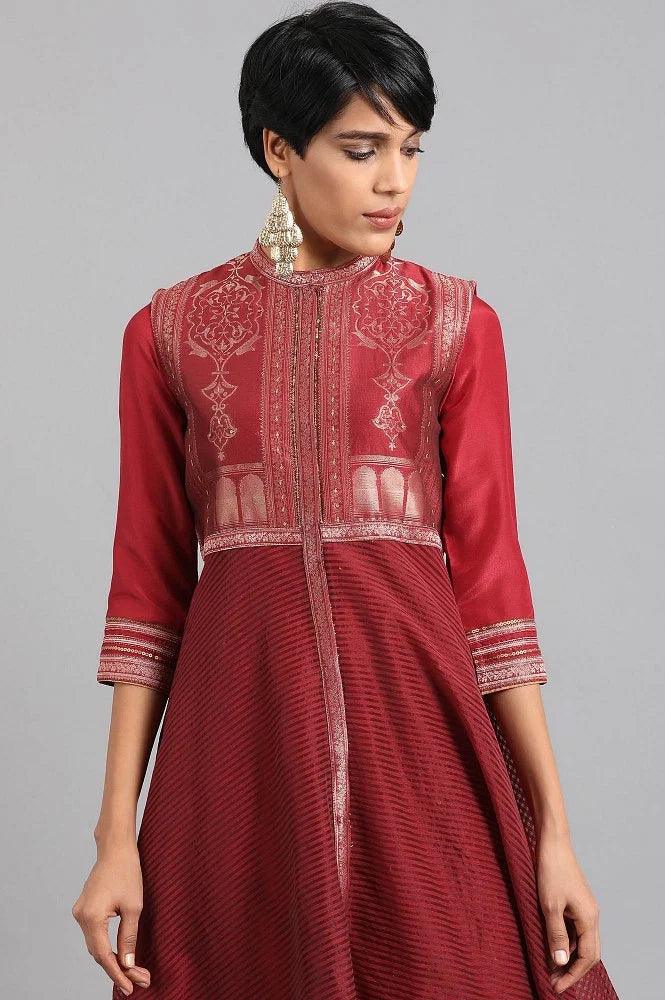 Maroon Mandarin Collar Yarn-dyed kurta - wforwoman