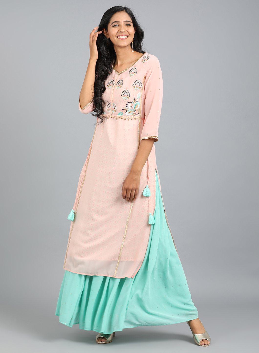 Pink V Neck Embroidered kurta - wforwoman