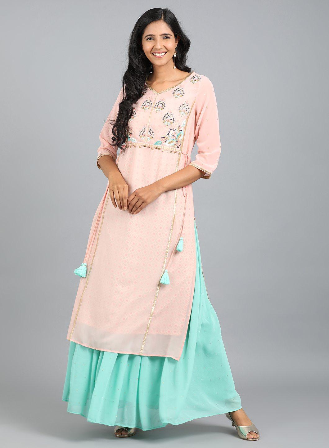 Pink V Neck Embroidered kurta - wforwoman