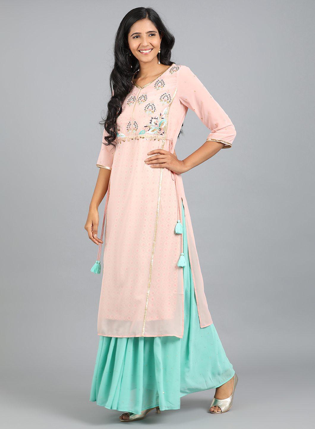 Pink V Neck Embroidered kurta - wforwoman