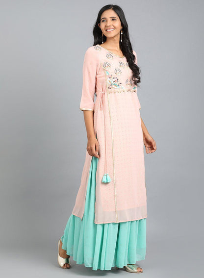 Pink V Neck Embroidered kurta - wforwoman