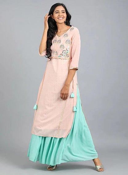 Pink V Neck Embroidered kurta - wforwoman