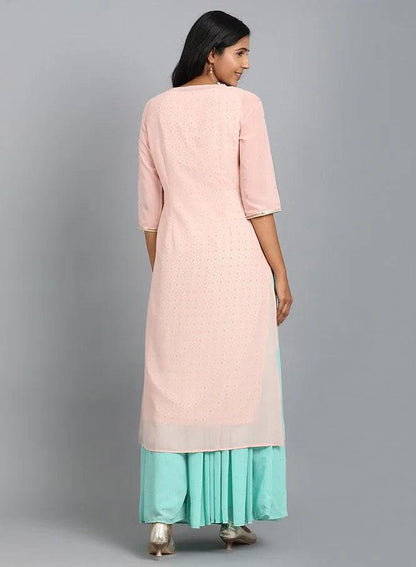 Pink V Neck Embroidered kurta - wforwoman