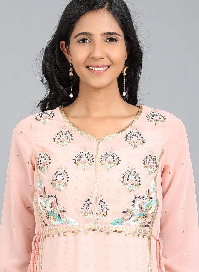 Pink V Neck Embroidered kurta - wforwoman