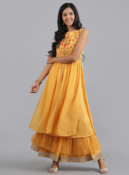 Mustard Yellow Round Neck Tasselled kurta - wforwoman