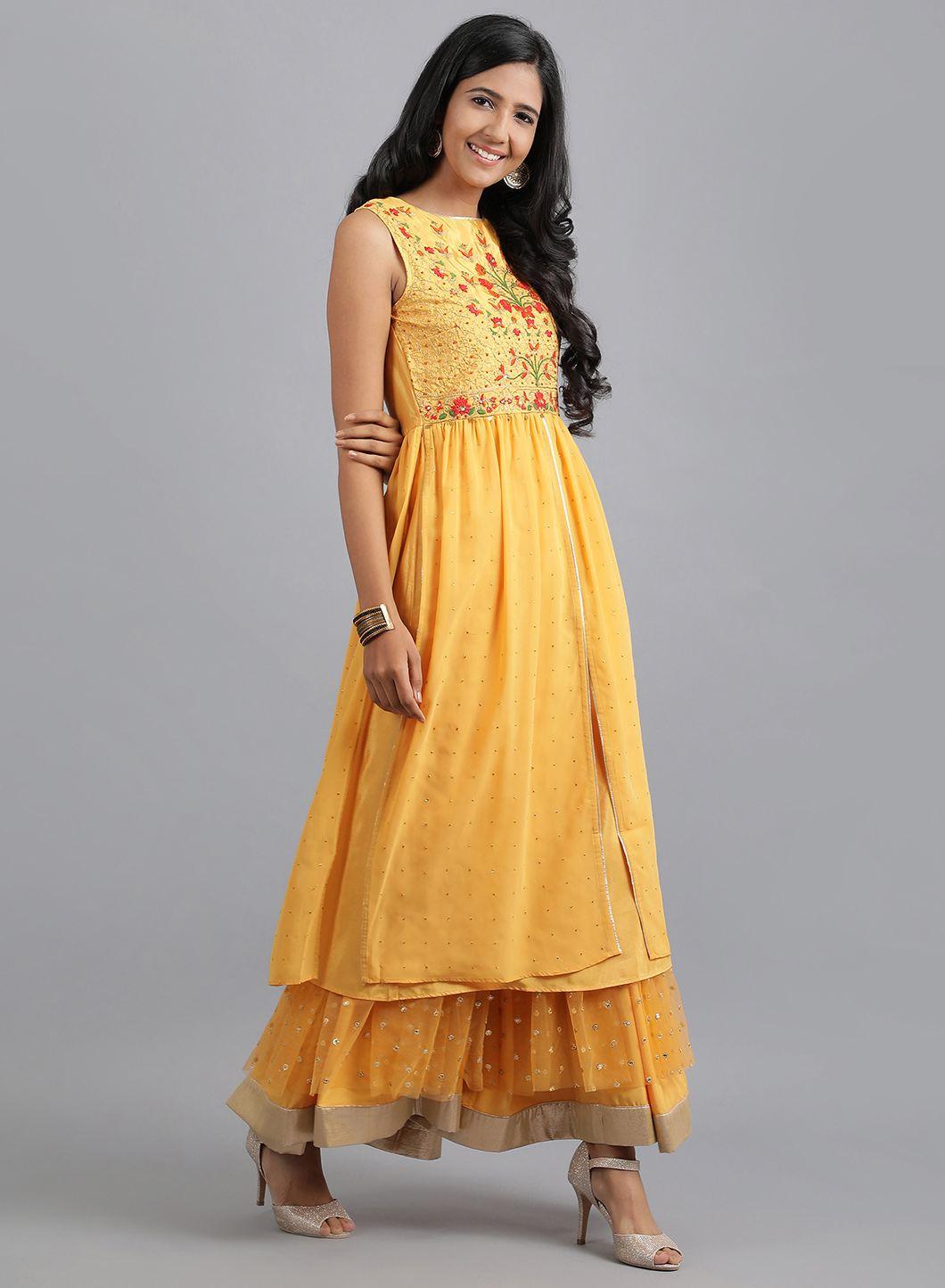 Mustard Yellow Round Neck Tasselled kurta - wforwoman