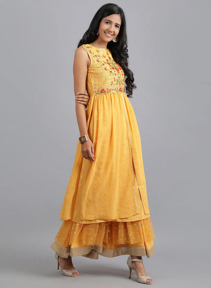 Mustard Yellow Round Neck Tasselled kurta - wforwoman