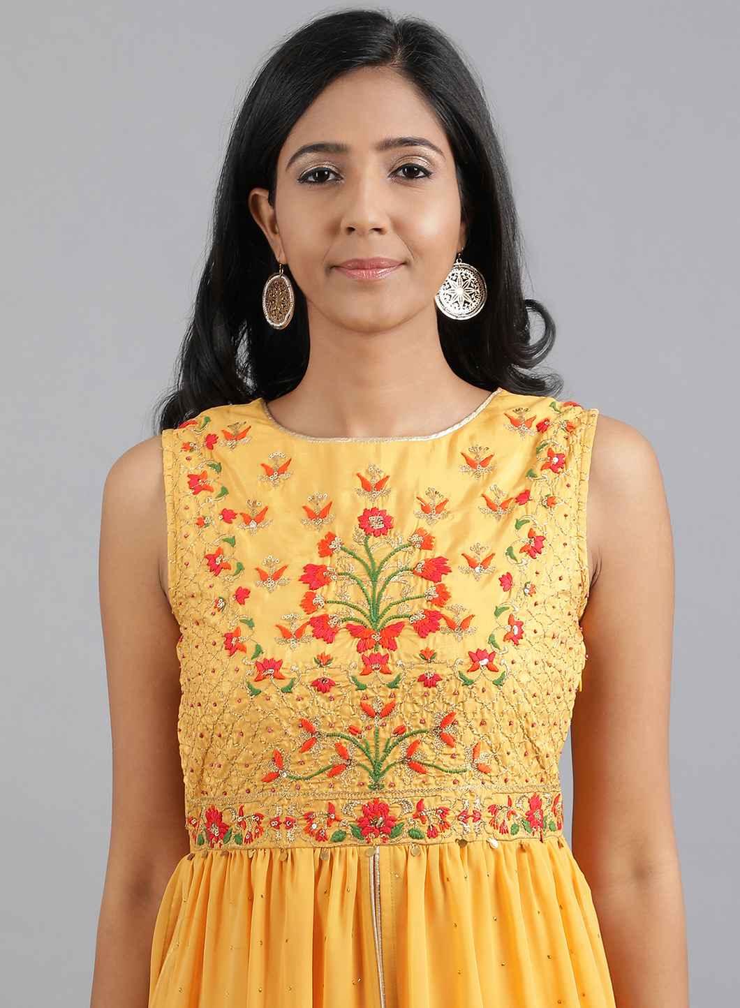 Mustard Yellow Round Neck Tasselled kurta - wforwoman