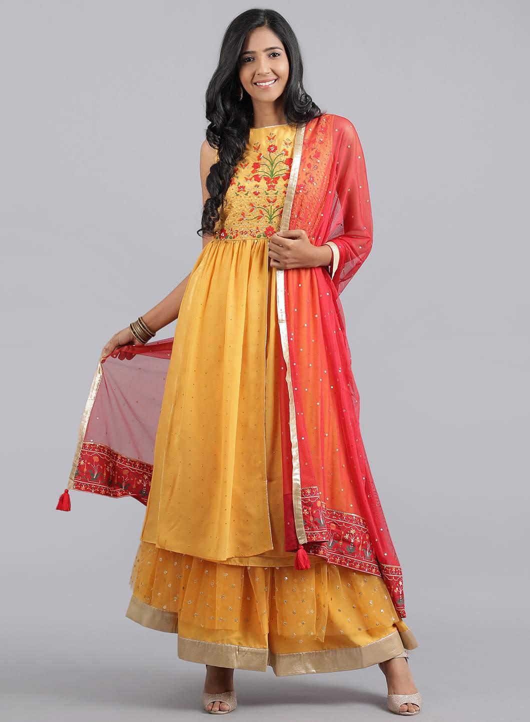 Mustard Yellow Round Neck Tasselled kurta - wforwoman