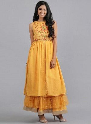 Mustard Yellow Round Neck Tasselled kurta - wforwoman