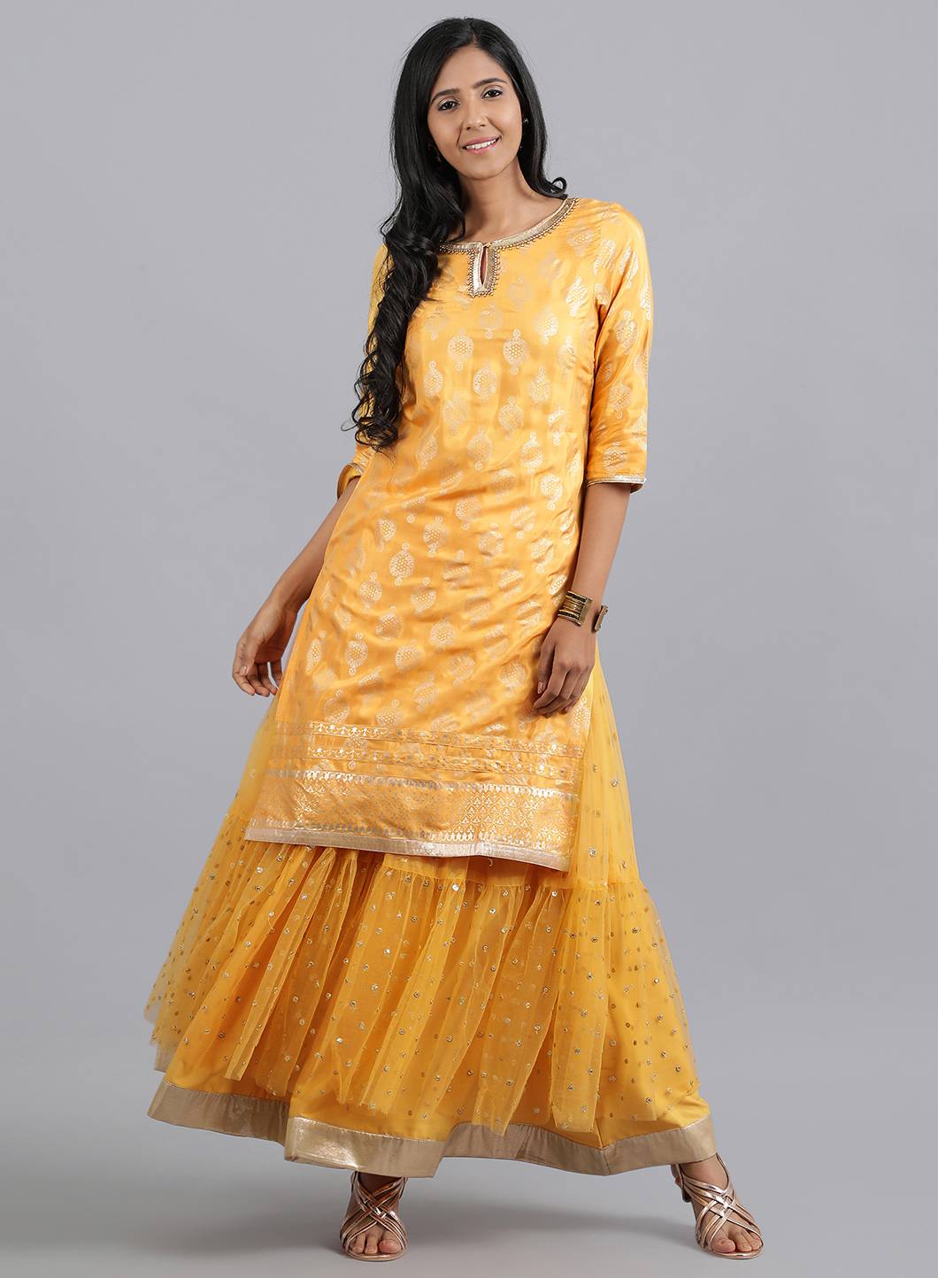 Mustard Yellow Round Neck Printed kurta