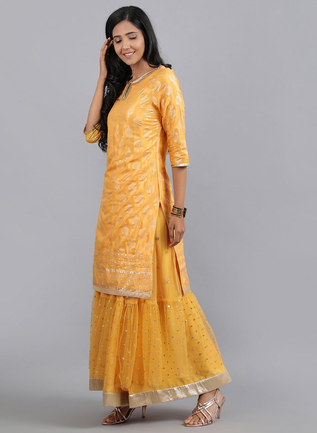 Mustard Yellow Round Neck Printed kurta